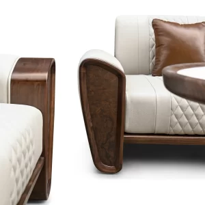 Bộ sofa gỗ Óc chó MBM-S02 (Da Bò Ý màu kem, ốp nu, mặt đá Viscostone)